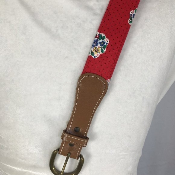 Vintage Leather Belt Red Floral Pattern Brown Leather Buckle Size XS/S - Picture 4 of 6